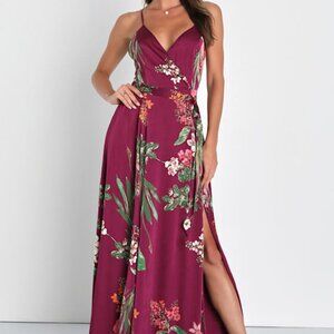 Lulus Still The One Burgundy Floral Print Satin Maxi Dress Red - Size S